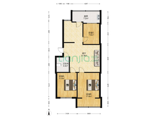 机床厂宿舍(小店区) 3室1厅1卫 88平方