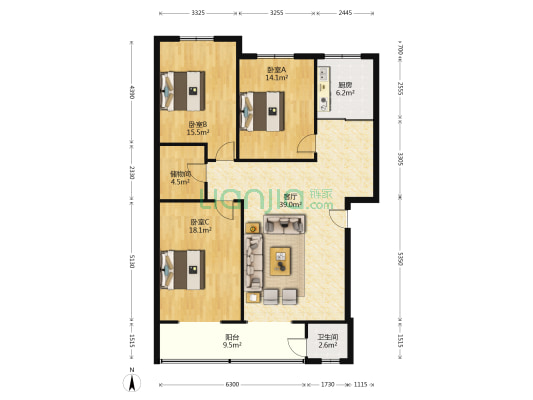 御苑新城 3室1厅1卫 135平方