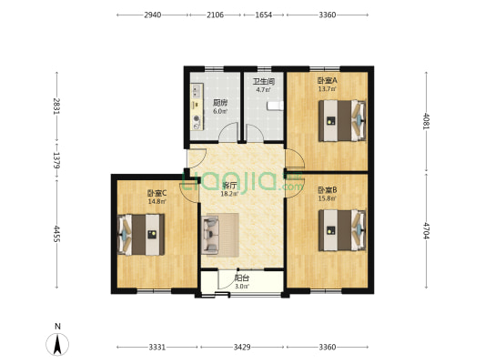 海欣北区 3室1厅1卫 91平方