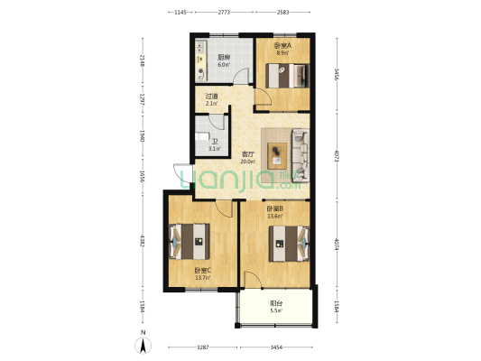 教师公寓 3室1厅1卫 93平方