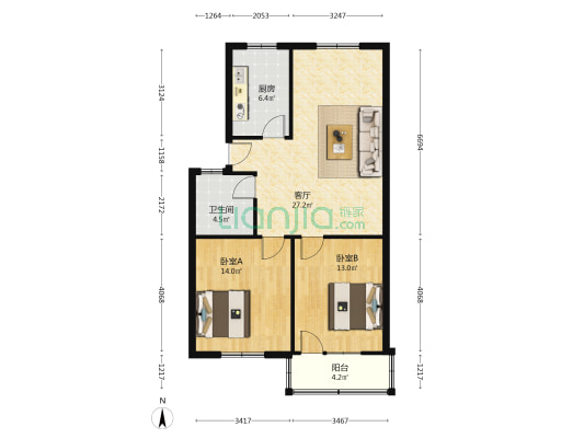 劳动大厦 2室1厅1卫 85平方