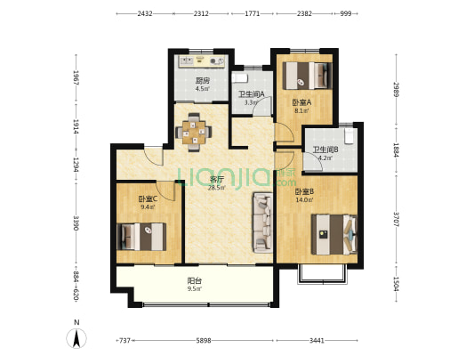 银城荟领未来苑 3室1厅2卫 102平方