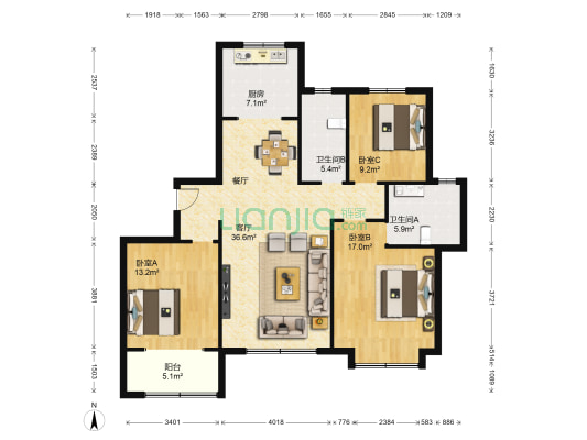国华新经典 3室1厅2卫 139平方