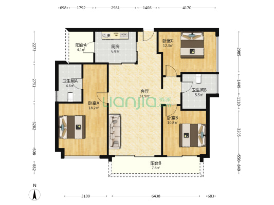 白鹅潭悦府 3室1厅2卫 128平方