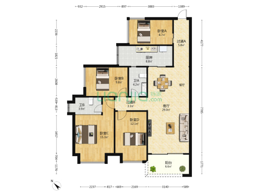 菊城国际广场 4室1厅2卫 114平方