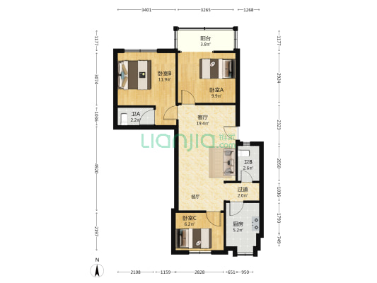 文昌苑 3室1厅2卫 90平方