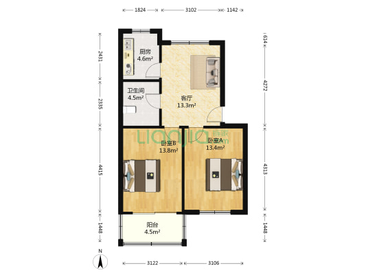莲香新村南区 2室1厅1卫 68平方