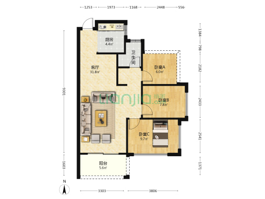 聚泰华庭 3室1厅1卫 83平方