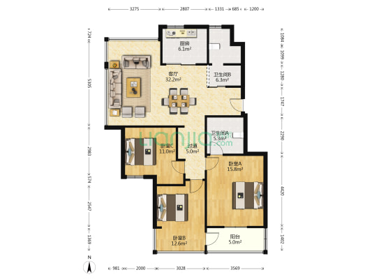 新汇社区 3室1厅2卫 114平方