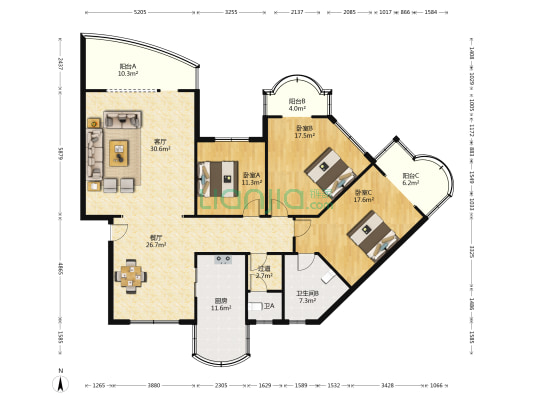 电信花园(青白江) 3室2厅2卫 159平方