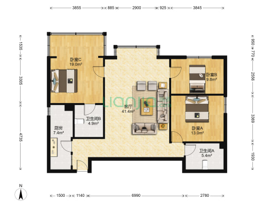 斌鑫丰泽园 3室1厅2卫 126平方