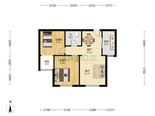 家合园二期 2室2厅1卫 73平方