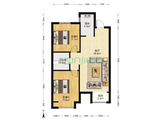 赞城A区 2室1厅1卫 87平方