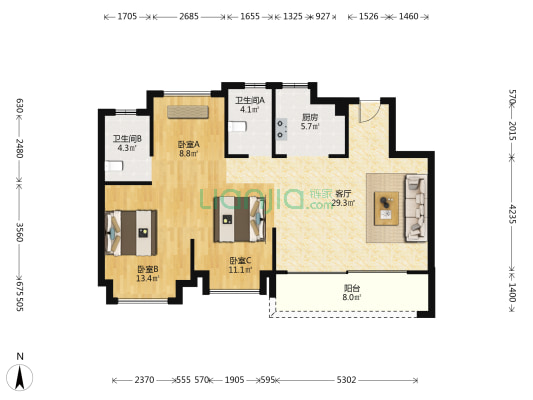 江山风华 3室1厅2卫 103平方