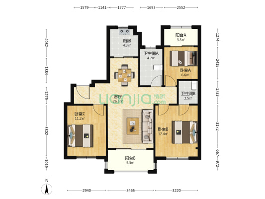 大唐锦绣豪庭 3室1厅2卫 105平方