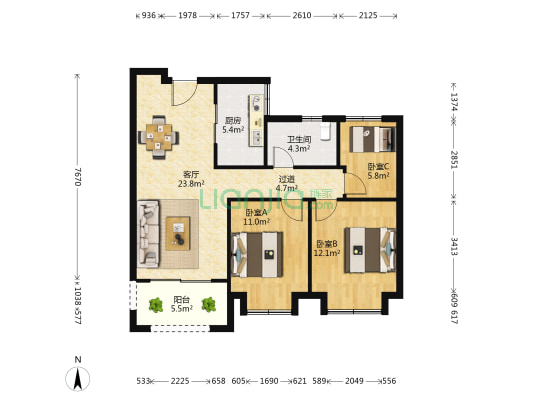天玺开发商精装三房 户型方正 品质小区-户型图
