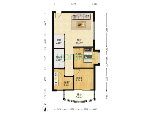 岗贝路海棠居 3室1厅1卫 72平方