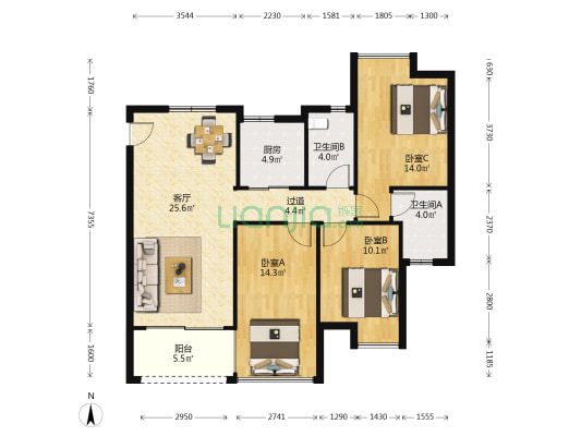 家和春晓苑 3室1厅2卫 89平方
