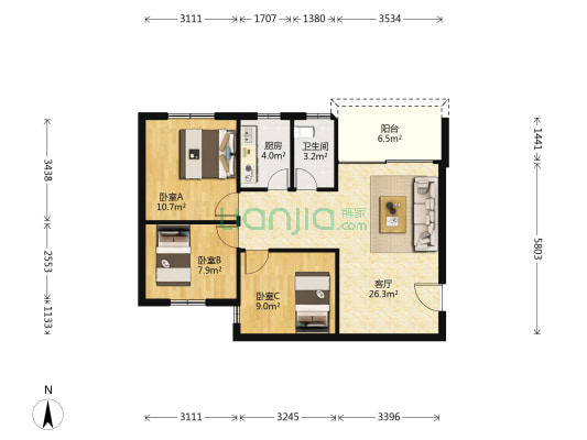 富鹏小区 3室1厅1卫 73平方
