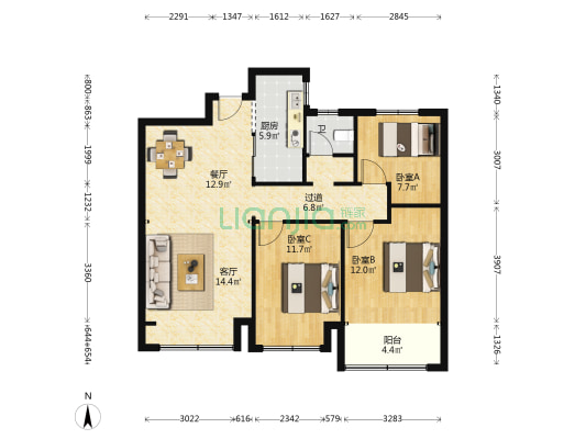 开元盛世信园一期 3室2厅1卫 105平方