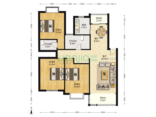 申立苑 3室2厅2卫 130平方