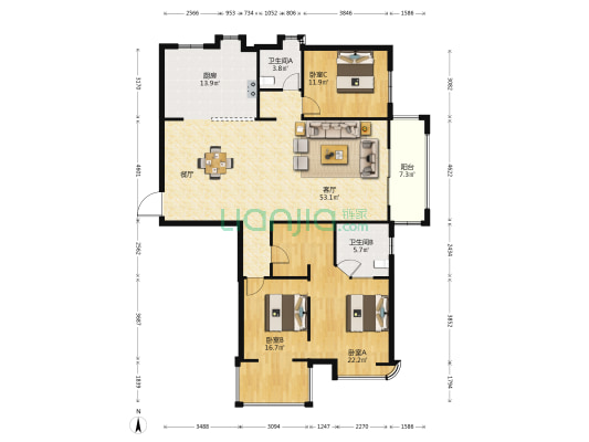 亿力江滨A区 3室1厅2卫 164平方