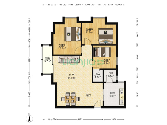 康裕大厦 3室1厅2卫 97平方
