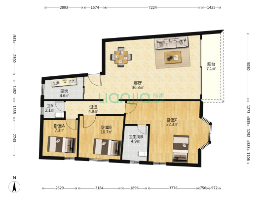 豪晖大厦 3室1厅2卫 118平方