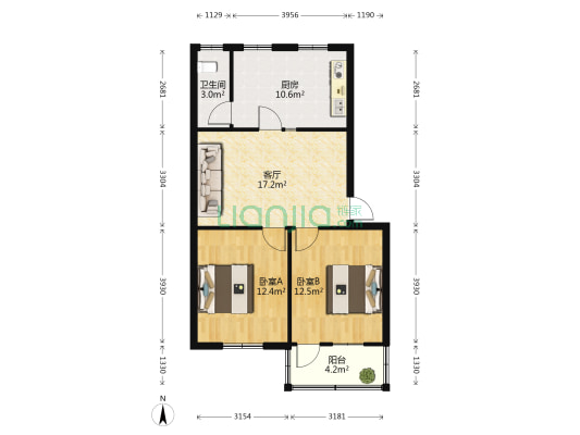 中级法院宿舍 2室1厅1卫 65平方