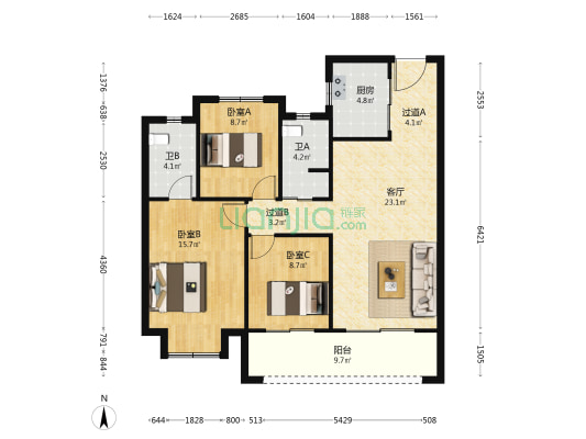 时光映花园 3室1厅2卫 116平方