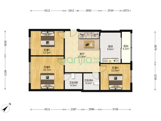 步月公寓 3室1厅2卫 110平方