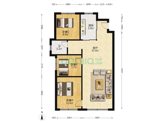 万科翡翠滨江二期 3室1厅1卫 108平方