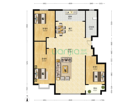 颐轩国际 3室2厅1卫 171平方