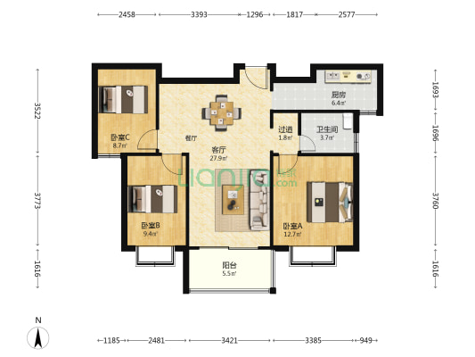 风景城邦 3室1厅1卫 102平方