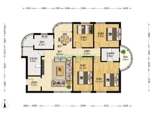 福康花园 4室1厅2卫 134平方