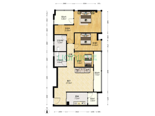 宗申动力城一期 3室1厅2卫 129平方
