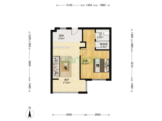阳光100阿尔勒（秀峰里）一期 1室1厅2卫 58平方