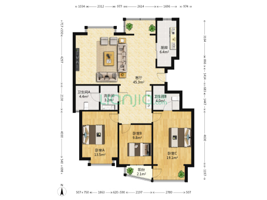 旭景花园(广阳) 3室1厅3卫 133平方