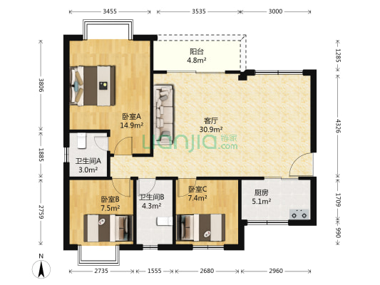 金田花園 3室1厅2卫 90平方