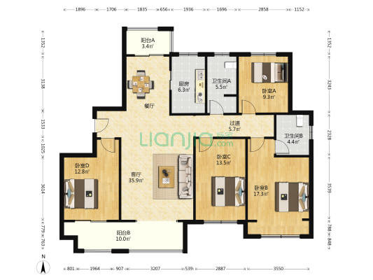 星联安郡北苑 4室1厅2卫 158平方