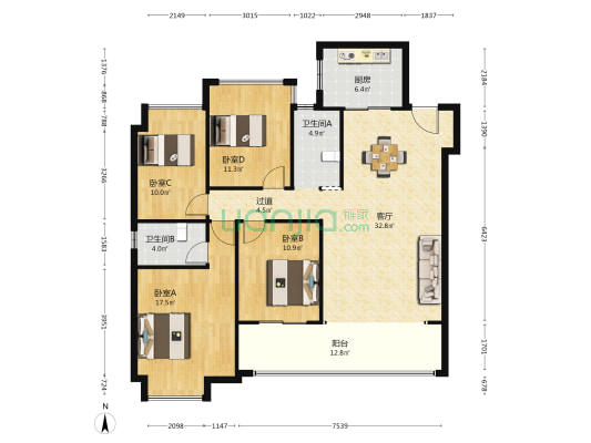 金地都会风華 4室1厅2卫 143平方