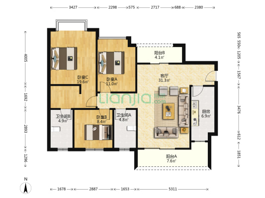 恒大锦城 3室1厅2卫 129平方