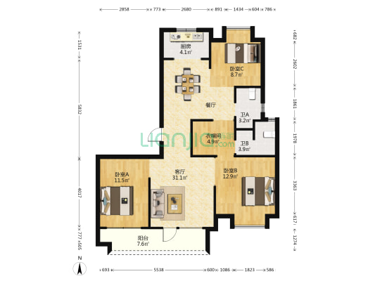 联发国际度假区红韵天 3室1厅2卫 129平方