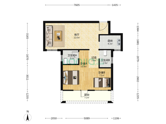 积玉万象 2室1厅2卫 85平方