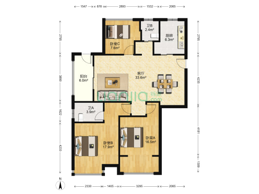 安基名府A区 3室1厅2卫 126平方