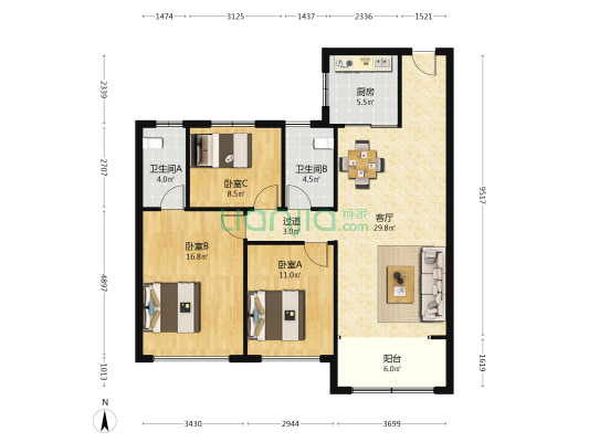 碧桂园双玺 3室1厅2卫 119平方