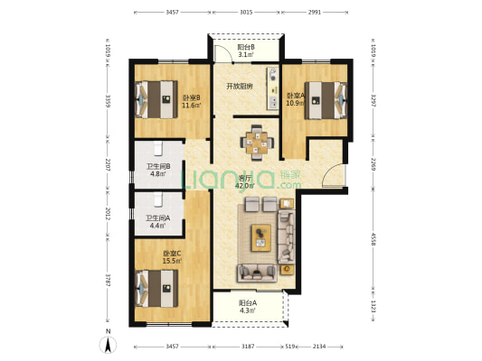 天和佳苑 3室1厅2卫 125平方
