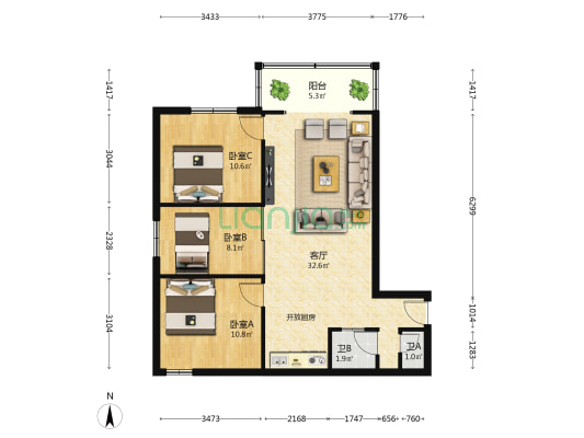 新城花园 3室1厅2卫 85平方