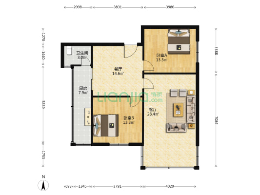 贵州省团校 2室2厅1卫 91平方