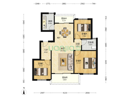 鲲鹏邸南区 3室1厅1卫 96平方